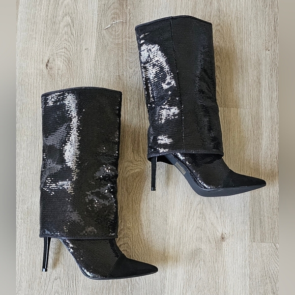Size 11 Black Sequin Pointed Toe Slouch Boots - Picture 8 of 11